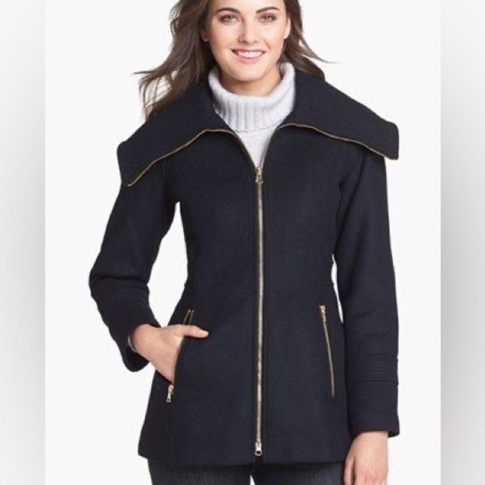 Trina Turk Fitted Lambswool Blend Coat with Gold Zipper and Funnel Neckline